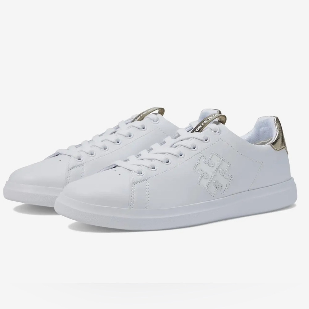 Tory Burch White and Metallic Gold Sneakers with bag and box. Great condition!